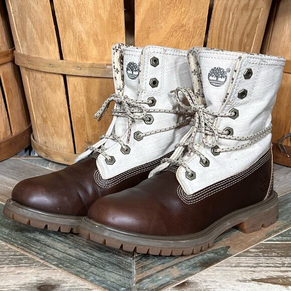 Timberland Earthkeepers Fold Down Canvas Brown Leather Waterproof Boots Womens 6 - Picture 3 of 13